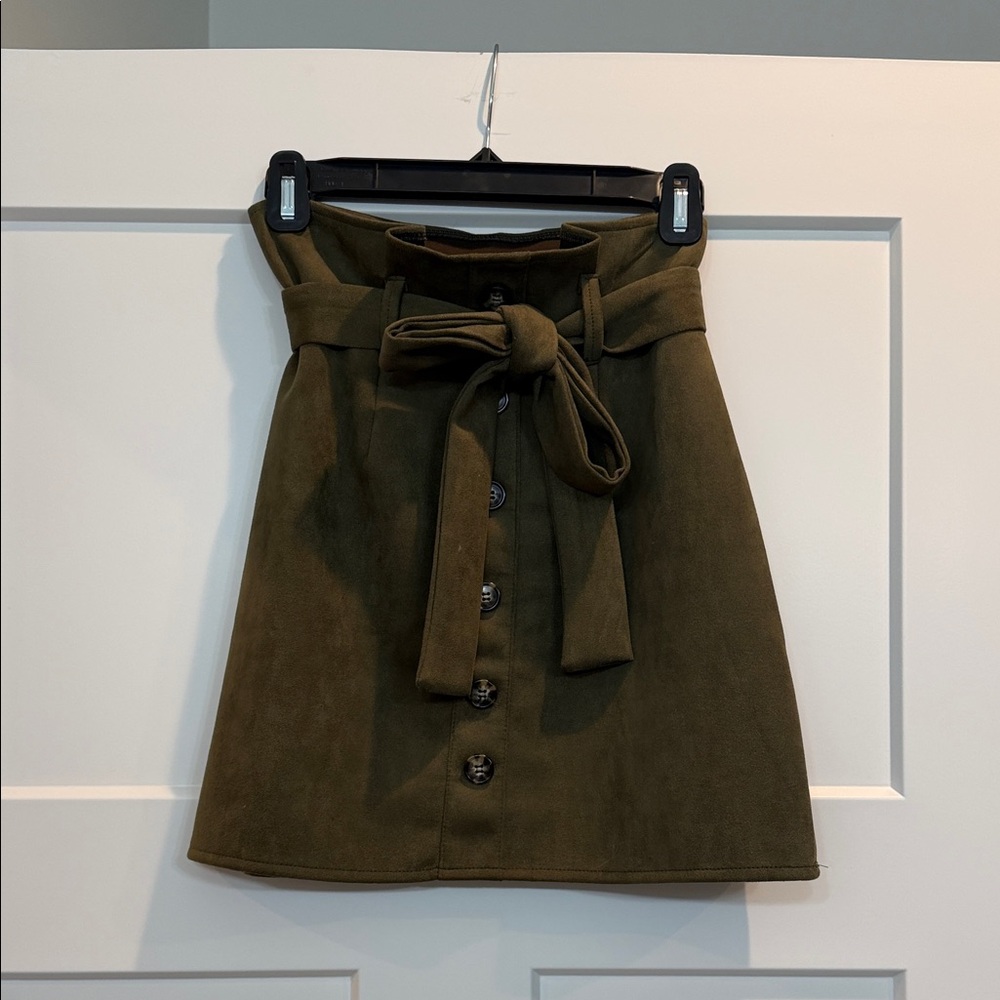 Faux Suede Olive Green Button-Up Skirt with Bow Tie